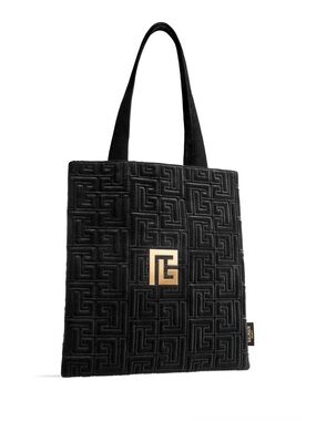 Balmain Black Quilted Tote with Gold Logo Plaque